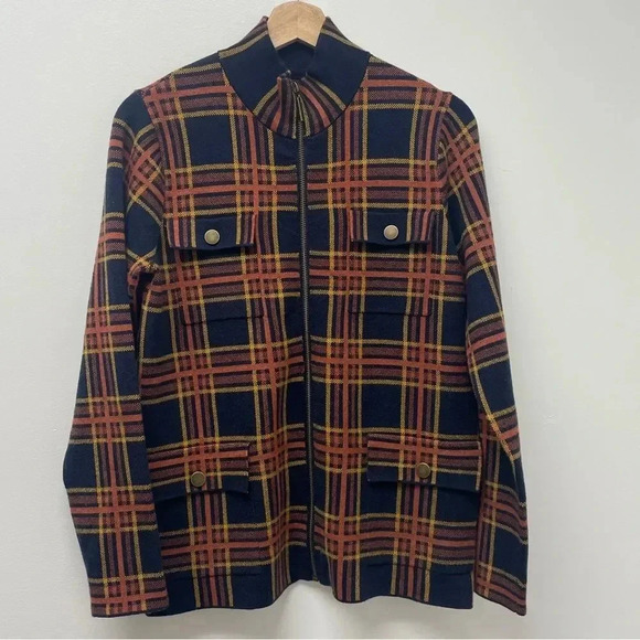 Rachel Zoe Plaid Zip Sweater Cardigan Jacket Knit Shacket. Orange & Navy. Medium - Picture 9 of 16